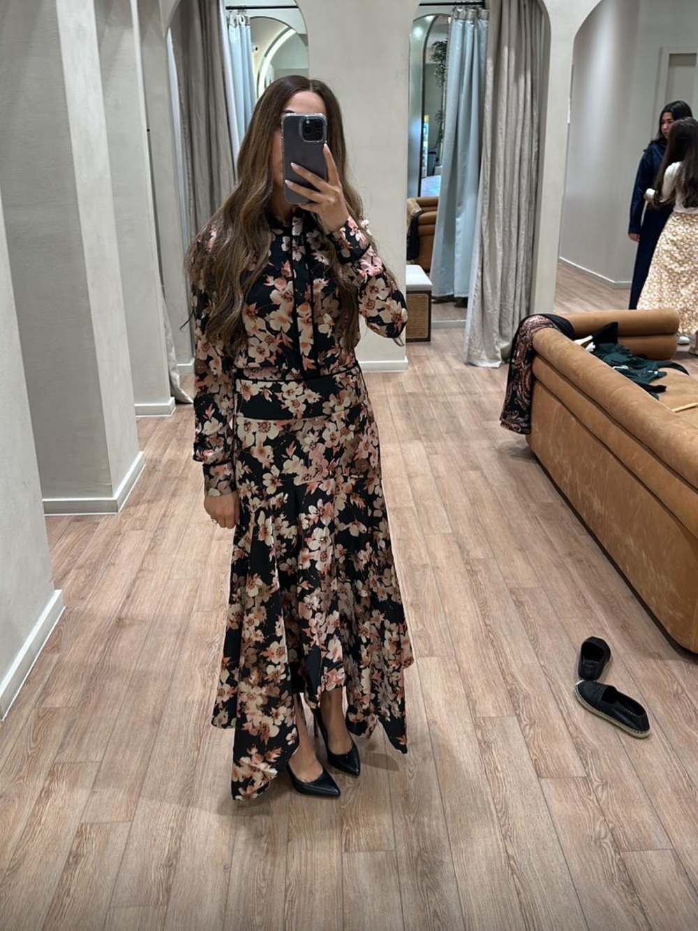 Floral Long-Sleeve Maxi Top And Skirt Set Black with Blush Floral